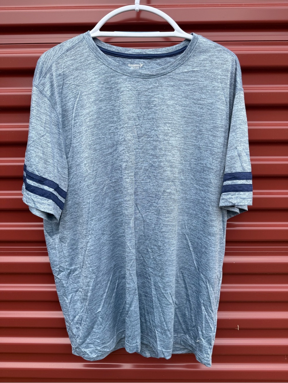 Old Navy Heather Light Gray Short Sleeve Tee with Navy Sleeve Stripes